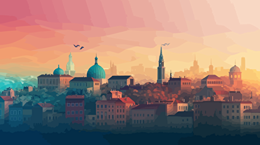a European city with cryptocurrency rising into the sky, vector, gradient, lower poly