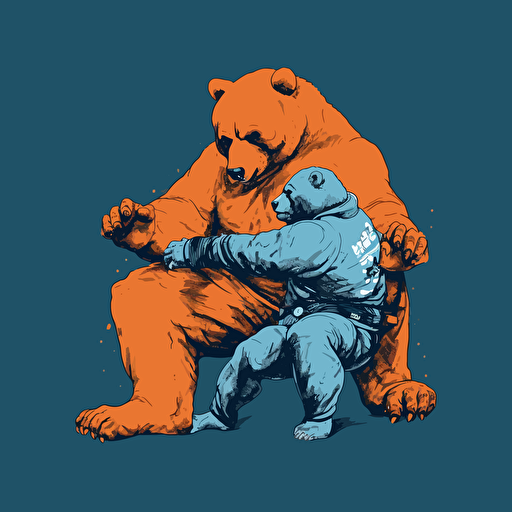 Bear taking down another bear with single leg takedown holding one leg in between its own, wearing jiu jitsu clothes, vector animation illustration, 4 colors limit, solid background, high resolution