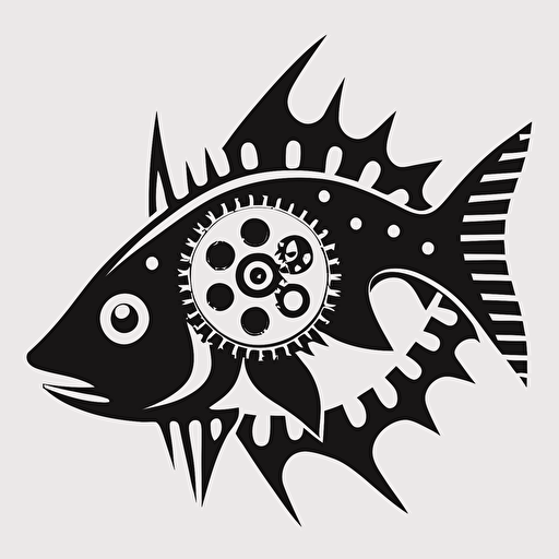 brand identification symbol, mechanical aggressive fish, gear, guide, no text, simple colours, vector based,