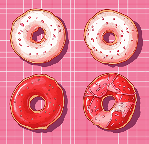 five different donut cartoon illustrations, set of three vector illustration, in the style of albert goodwin, light pink and red, neon grids, jillian tamaki, masterful shading, cranberrycore, catcore