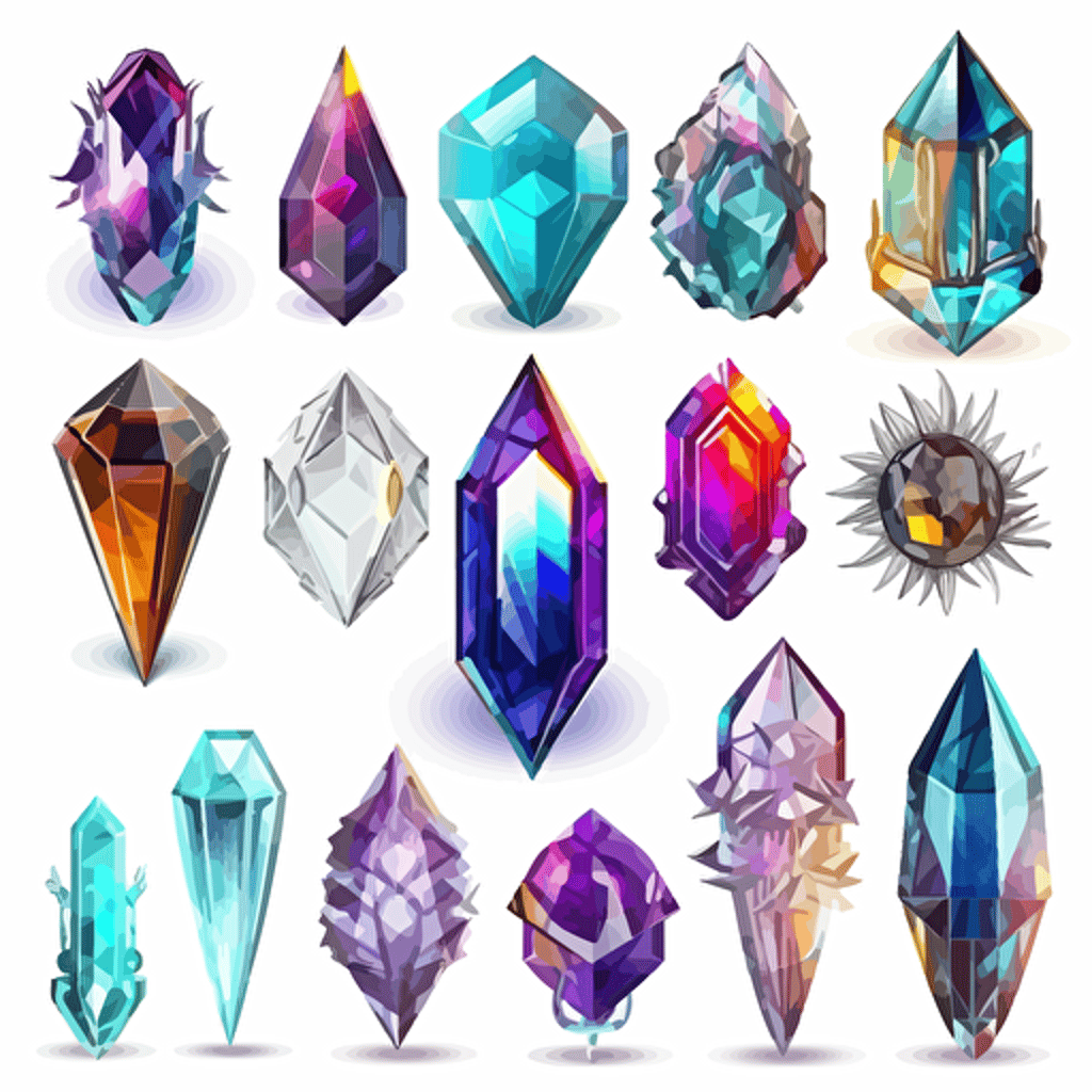 Collection of futuristic cut jewels, cyber punk, translucent, shiny object, high detail, symmetrical, vector, cartoon, white background