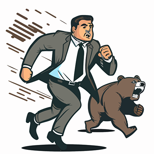 a simple vector image of a angry grizzly bear chasing a man that is wearing a suit and tie, no background, v5