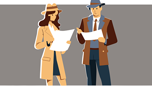 A women dressed in business casual clothing holding a piece of paper, showing it to a man dressed as a detective. flat style illustration for business ideas, flat design vector, industrial, light color pallet using a limited color pallet, high resolution, engineering/ construction and design, colored cartoon style, light indigo and light gold, cad( computer aided design) , white background