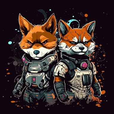 Create an image of a massive battle between two different states shiba inu cyber punk and fox dark shiba inu outfit battle, galaxy explose, anime background, vector, greekpunk, marvel style, white background