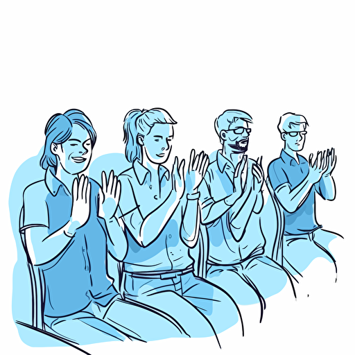 blue hands clapping in the office in meeting room eith group of people. Vector cartoon doodle style, plain white background,