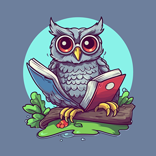 happy relax owl reading a book, vector, illustration for sticker, illustrator, vector art illustration style, grey background, high resolution,