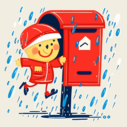 A strong bristish postman in a red post jacket powering through the rain with a smile on his face, cartoon, vector, cute