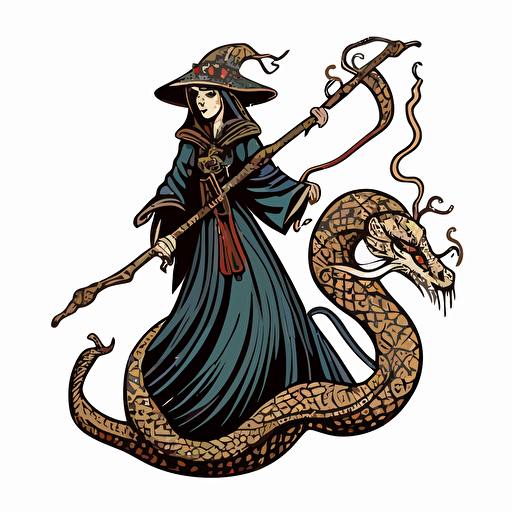 a witch riding a three headed king cobra like a broom stick, Sticker, Dark, Folk Art, Contour, Vector, White Background, Detailed