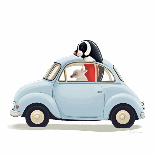 Vector date, w/b art, Fiat 500 with emperor penguin, Cute style, white background,
