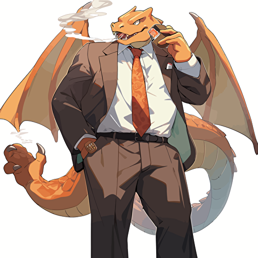 charizard wearing a business suit, smoking a cigar, vector art, 2d, white background