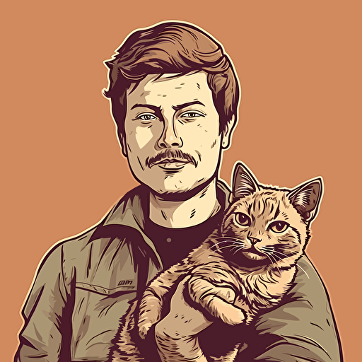 vector art style 28 year old white guy holding a cat, in the style of Micheal Parks