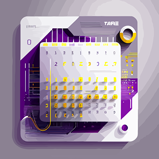 Modern, vector, illustration of futuristic calendar. In colors purple, yellow, gray and white.