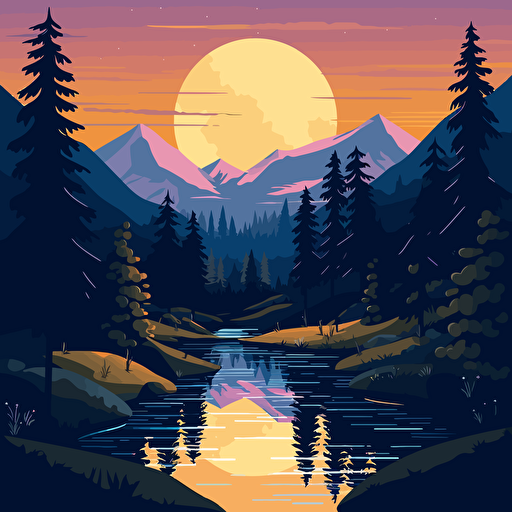 vector art of mountains with moon in the sky trees and a river