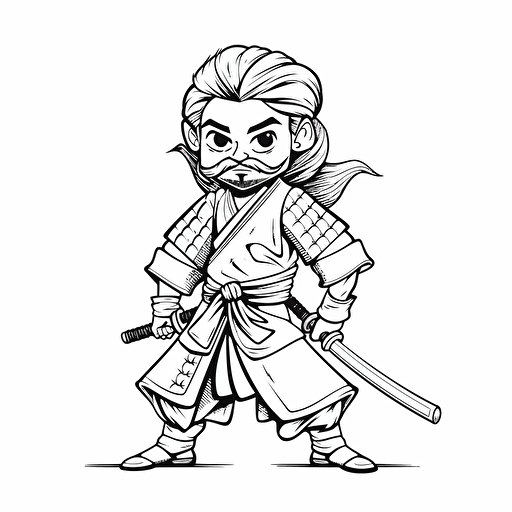 japanese samurai ignorant style No Shadow. Cartoon. Coloring page. Vector. Simple.