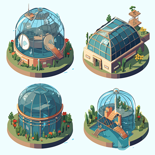 isometric cartoon vector image of a aquarium dome building at different stages of construction