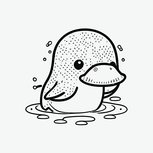 platypus in cartoon style, kids coloring page, simple line work, black and white no shadow, flat simple vector illustraion, cute and happy platypus with blush, smily face, in the water