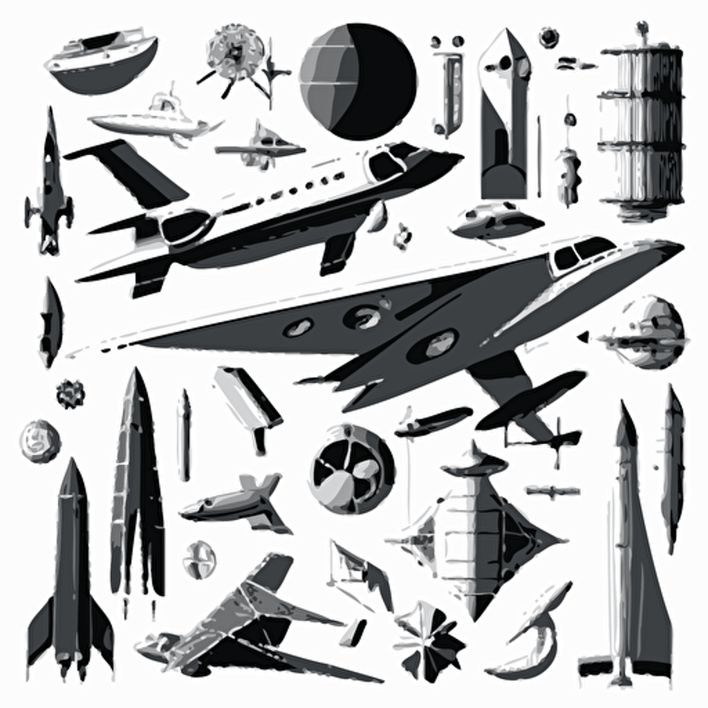 simple vector art of different aerospace components, black on white backrgound, planes, rockets, kites