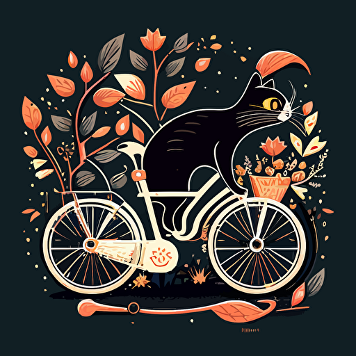 create a balck an white vector illustration about a sweety cat on bike