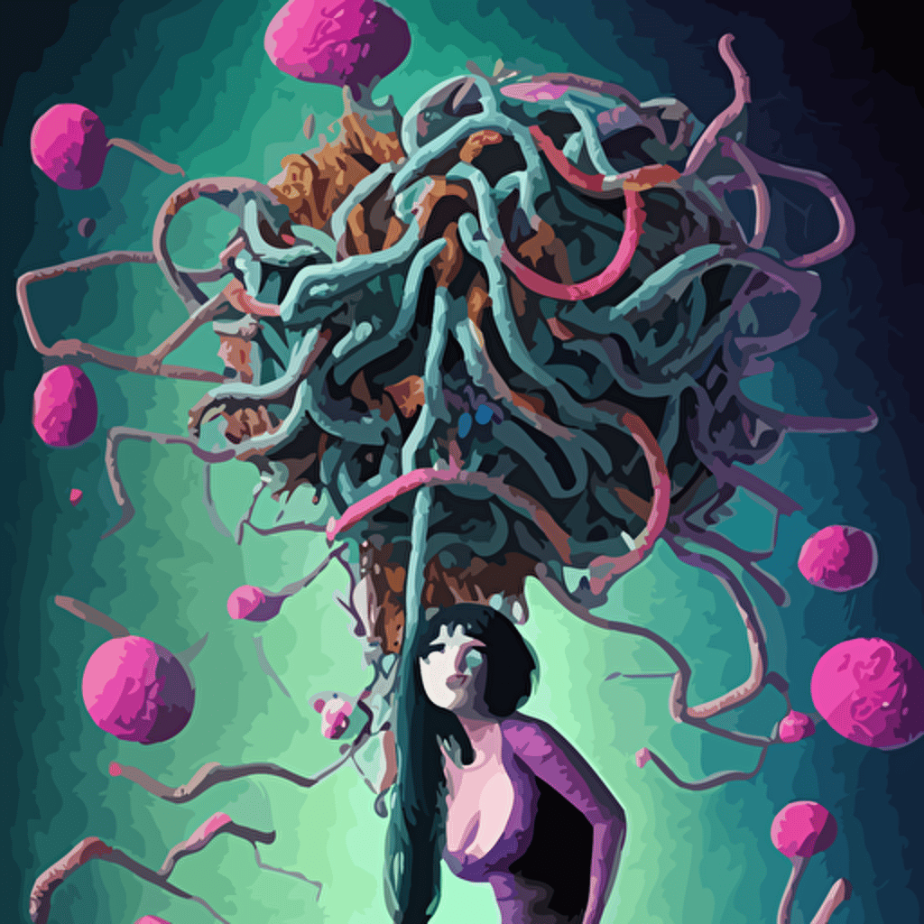 hyper detailed 3d render like oil painting ramona flowers black hair thick mascara seen eating strangling network colorful yellowcake aerochrome milky fruit delicate hands hold gossamer polyp blossoms bring iridescent fungal flowers spores black foolish stars jacek yerka mariusz lewandowski houdini algorithmic generative render abstract brush strokes masterpiece edward hopper james gilleard zdzislaw beksinski mark ryden wolfgang lettl dan hiller hints yayoi kasuma octane render 8k