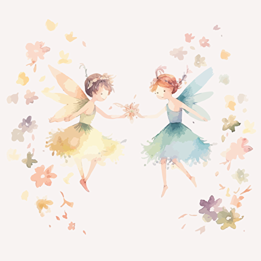 whimsical watercolor fairies flying around and flowers in pastel hues, enchated, cute, for kids, Vector