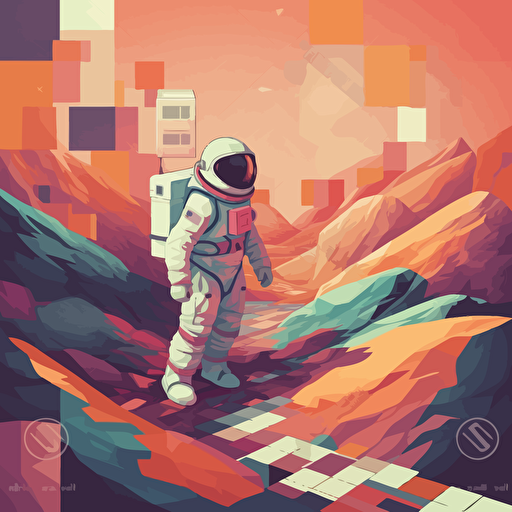 astronaut exploring a landscape made of large cubes, vector quality, warm colors, circle composition