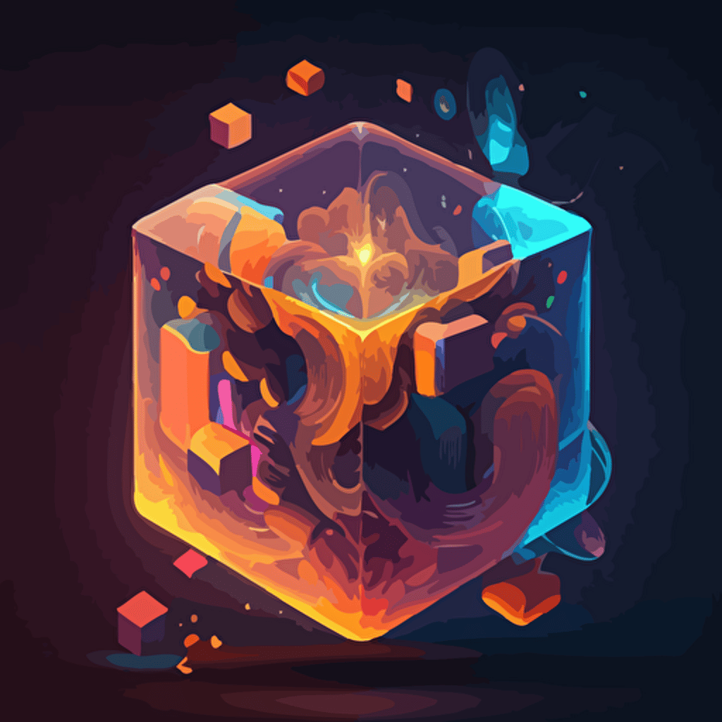 A radiant digital cube stands out in a vivid bazaar, its distinctive traits protected by a transparent barrier of ownership, while the whirl of symbols and transactions animates the atmosphere,GUI,WEB UI,VECTOR,trending ondribbble