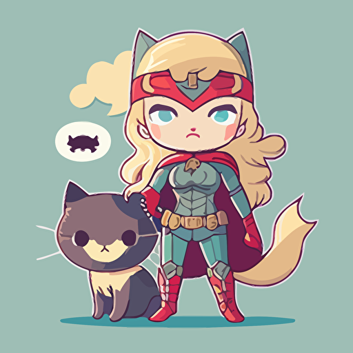 female hero with cat features, chibi style, flat colors, vector design