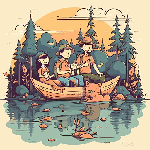 family vacation in the forest with lake vector drawing, cartoon style, vector illustration, flat, 2d, soft color tone, outline, by teeturtle