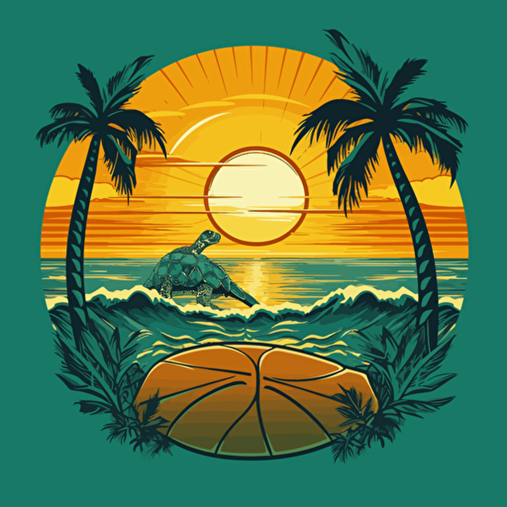 vector, nba logo, palm trees and an ocean background with a sun, turtle, basketball, birds, brazilian, tropical theme, with no text, green, blue, yellow, closed shape