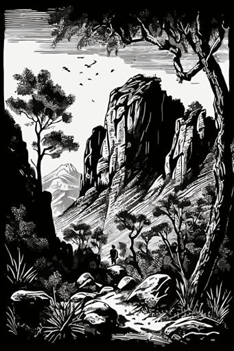 an illustration of forest and mountains in a rocky landscape vector, in the style of meticulous inking, herb trimpe, martin grelle, carving, black and white drawings, high-contrast shading, native australian motifs