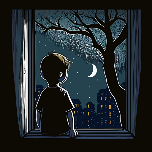 draw a 2D vector scene, cartoon about a boy on his back looking out the window at night, a simple drawing, in color but bordered with a black line, flat drawing and without details.