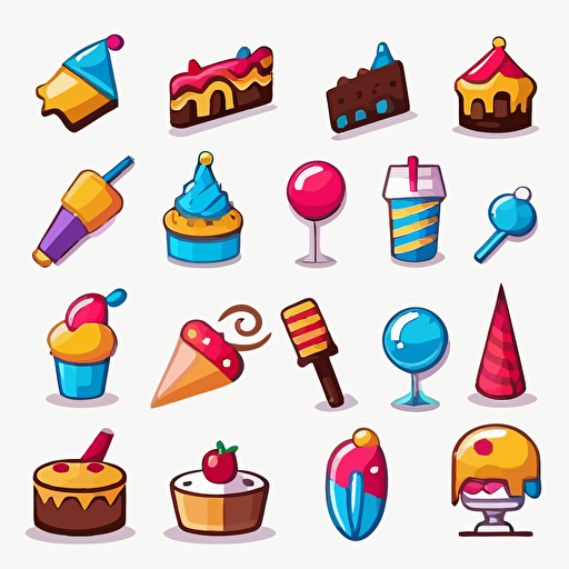a sprite sheet of vector birthday party objects on a white background