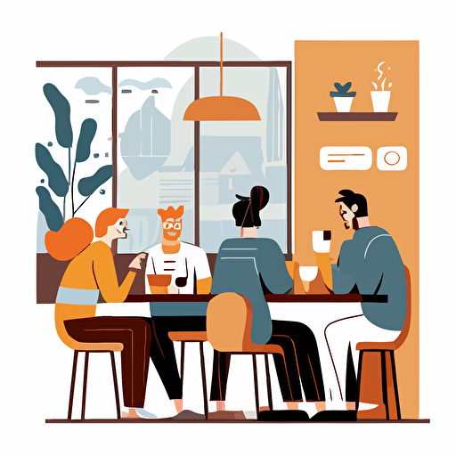 different people in a busy coffee shop, drinking coffee, having conversations, sitting at tables, simple vector illustration