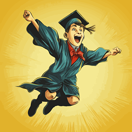 vector illustration of happy a young boy jumping in college graduation cap and gown, in vivid colors