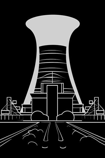 a board game card that is depicting an illustration of a nuclear power plant in a vector line drawn form, black and white.