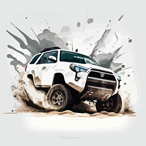 front view of a white Toyota 4Runner, 5th generation 4runner, illustration type, clean, vector image, big wheels, lifted truck, wheels spinning, dirt being thrown from tires, dirt, off road, 4 wheeling, 4x4