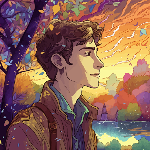 close-up shot of cute 25-year-old male poet, background of maple trees overhanging a crystalline river, the maple leaves radiate rainbow light, background of distant green hills, a shining city's buildings sparkle on the distant hills, a sky full of stars, the milky way, detailed, vector, style of bruce weber, alphonse mucha, yoshitaka amano, granblue fantasy, photorealism