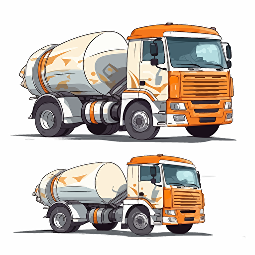 concrete mixer truck, simple forms, 2D vector style, cartoon, white background, side view