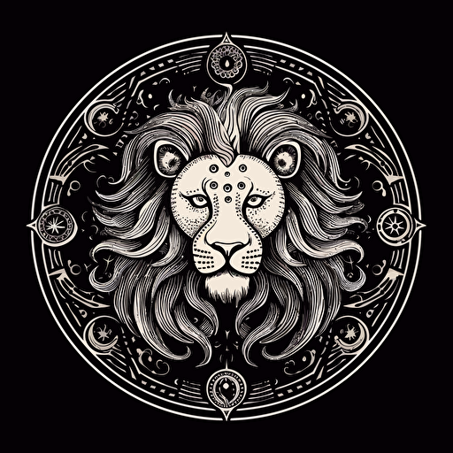 the lion zodiac sign, black and white, vector art, simple, flat desing, shall be circular, no grey shading