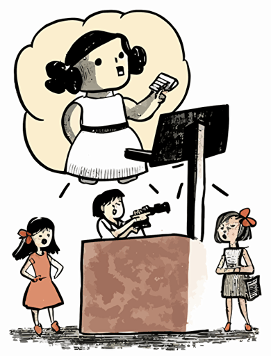 Ben Shahn, American art comic book style, an Asian young climate activist, a Asian feminist, a female human rights activist, and a female worker imagine a "hammer" and a "keyboard," together on a big stage, hammer and keyboard illust in a thought cloud, Non-letter illustration. white background, vector, illust