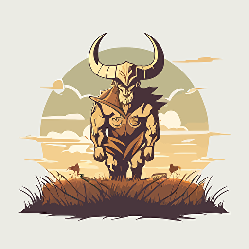 Minotaur in a cow field, vector logo, vector art, emblem, simple cartoon, 2d, no text