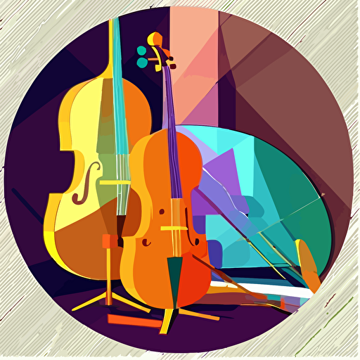 a violin in front of a cello in front of a double bass in front of a harp in front of a timpani in front of a piano in different colors , flat vector, design pappercut