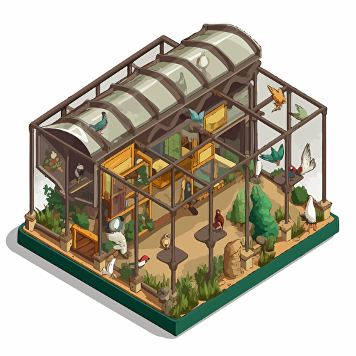isometric cartoon vector image of a large aviary cage with transparent background