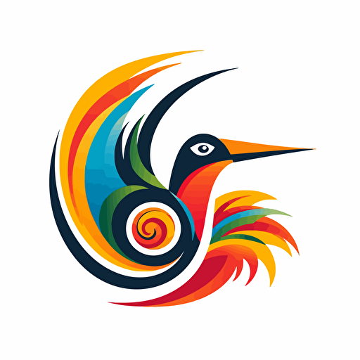 create a logo on white background of a very reduced, abstract and colourful, flying bird of paradise from Papua New Guinea in flat vector art style