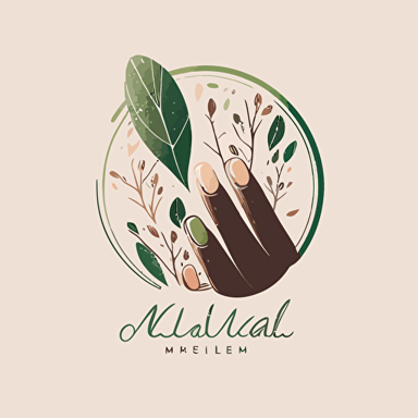 produce a melaleuca-style minimalistic vector logo for organic nails salon spa featuring natural elements and a beautiful light-colored hand being pampered with earth colored nail polish, in green and brown shades, abstract and simplicity