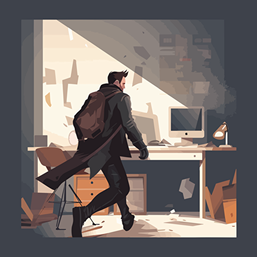 concept art, vector, simple background, man in leather jacket, sneaking in office
