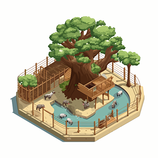 isometric cartoon vector image of an empty animal enclosure with large tree in the center, scaffolding, transparent background