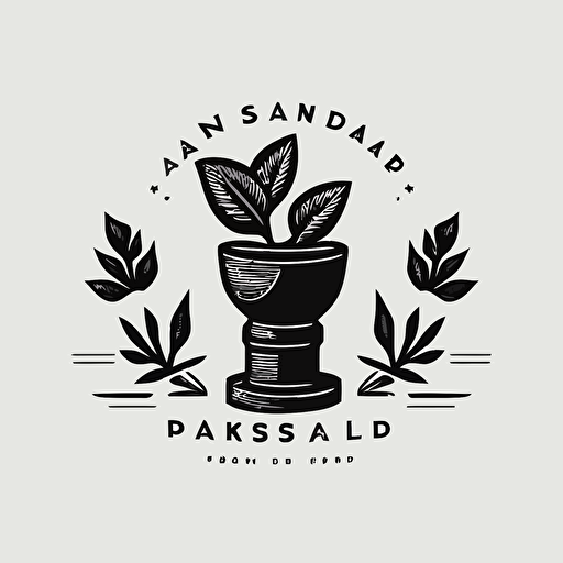 black and white simple vector style logo. With white background. Plants inside pestle and mortar.