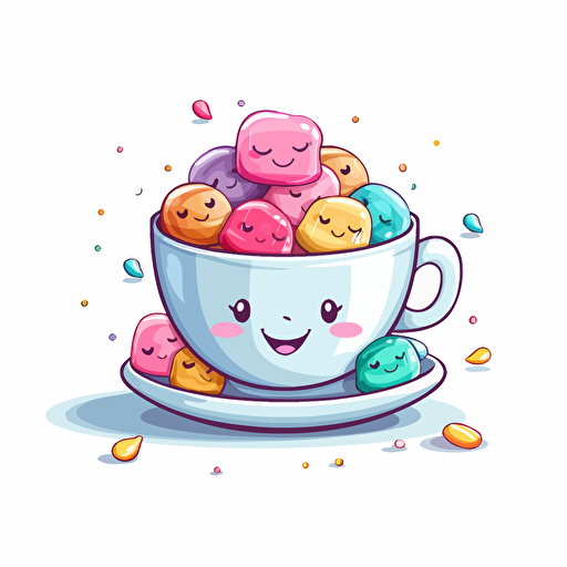 professional design vector, Happy cute colorful candy in a teacup, joy, vibrant colors, kawaii, contour, white background, smiling, happy, smile, joyful