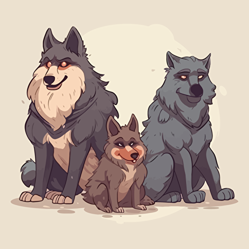three sitting wolves, two of them dangerous and one handicapped, cartoon style, vector.